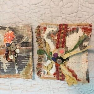 Vintage Upholstery Fabric Pin Cushions Handmade Set of 2